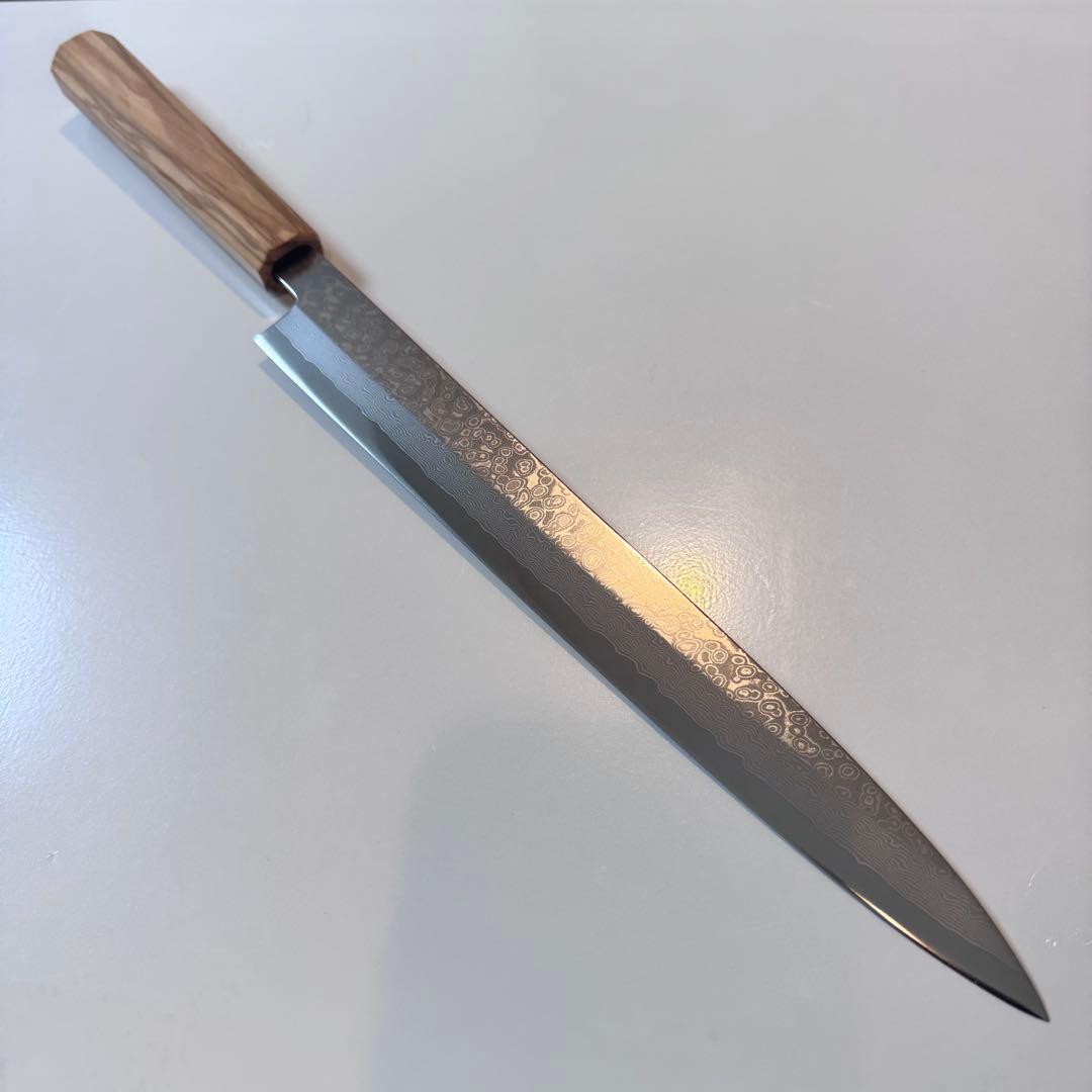 270mm ダマスカス墨流し柳刃包丁 オリーブウッド八角柄 鏡面仕上げ 刺身用