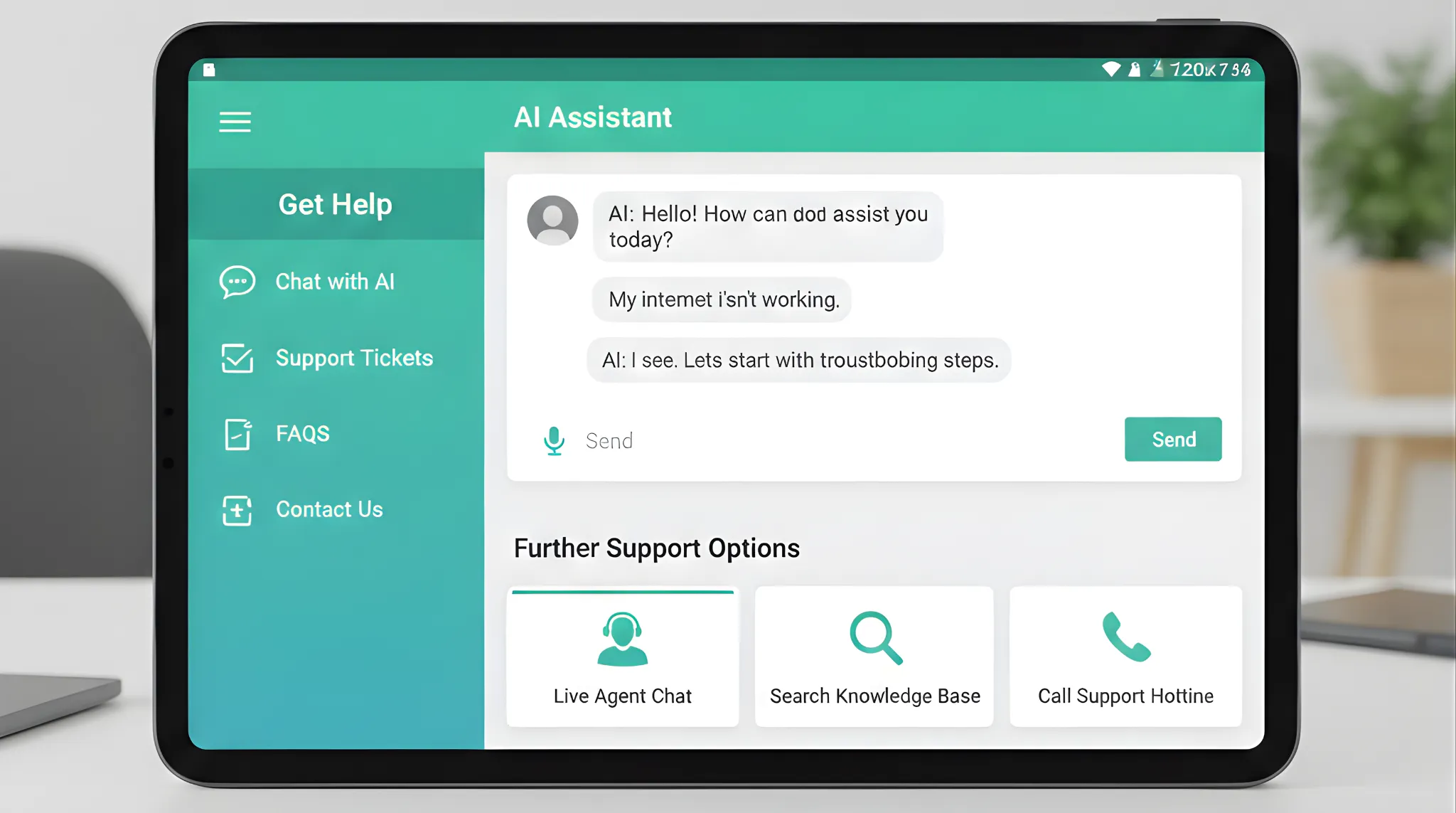 Screenshot of the Get Help app interface showing AI chat and support options.