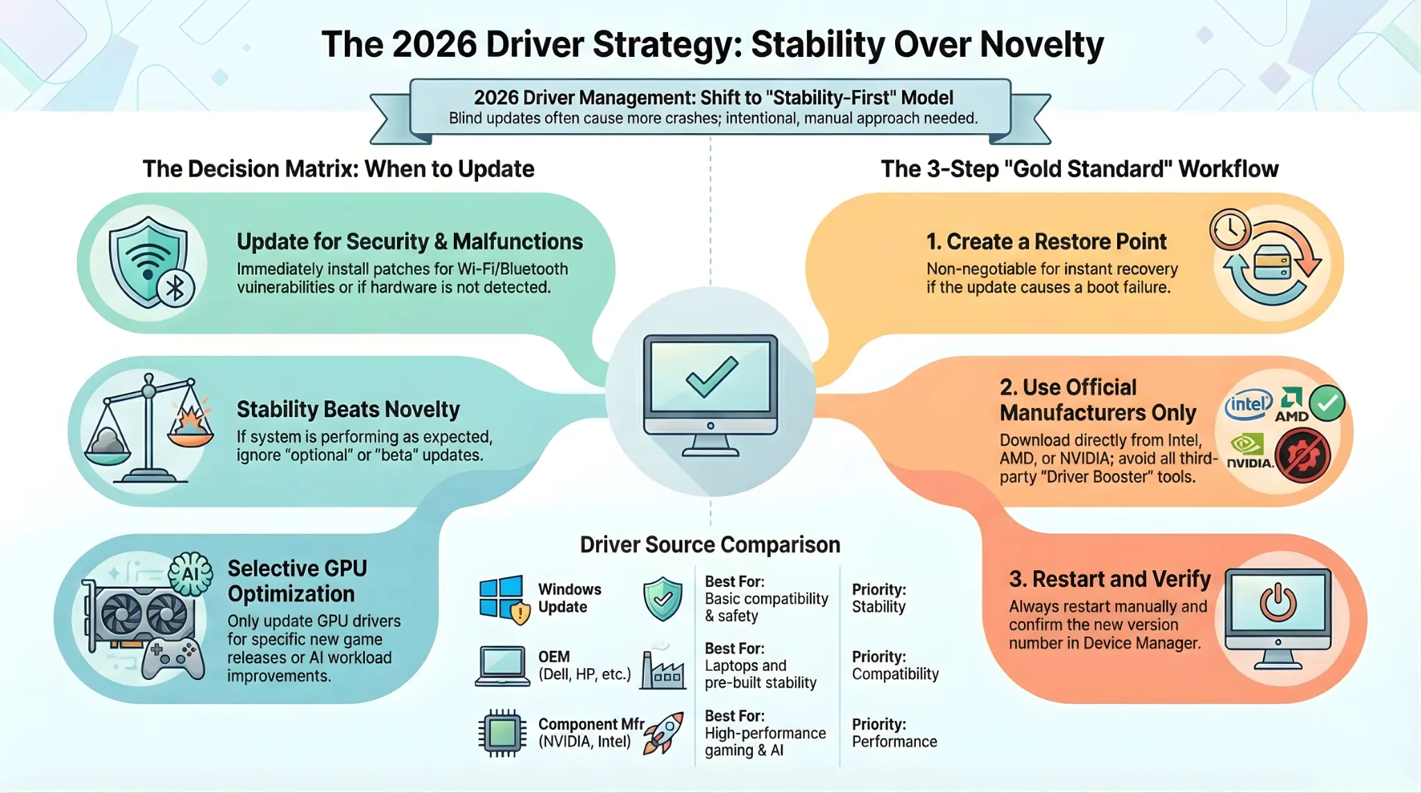 Infographic titled "The 2026 Driver Strategy: Stability Over Novelty" showing a decision matrix for when to update drivers (security, malfunctions, and GPU optimization) and a 3-step workflow (Create Restore Point, Use Official Manufacturers, and Restart/Verify).