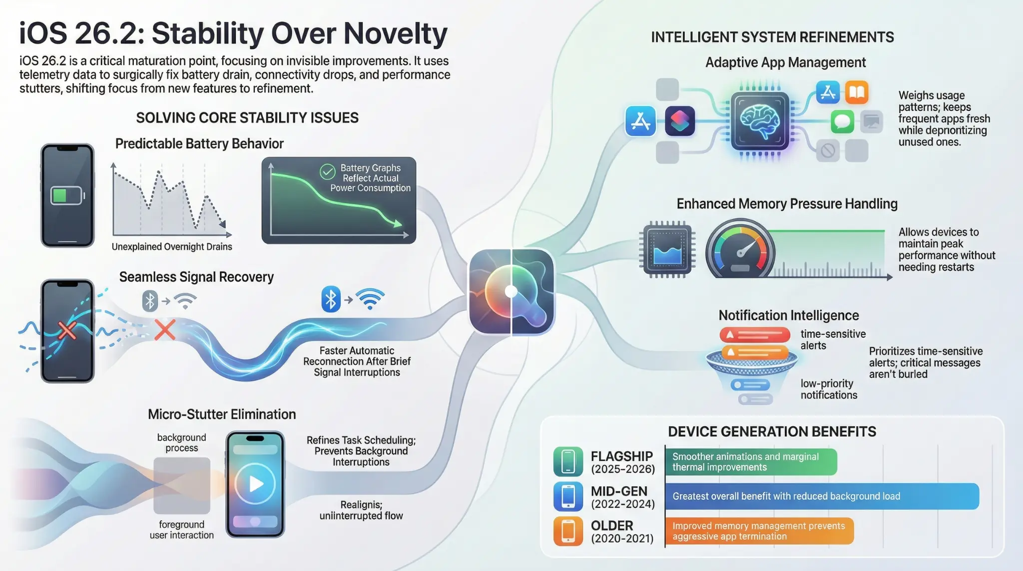 Infographic for iOS 26.2 titled "Stability Over Novelty" detailing refinements in battery behavior, signal recovery, micro-stutter elimination, and intelligent memory pressure handling.