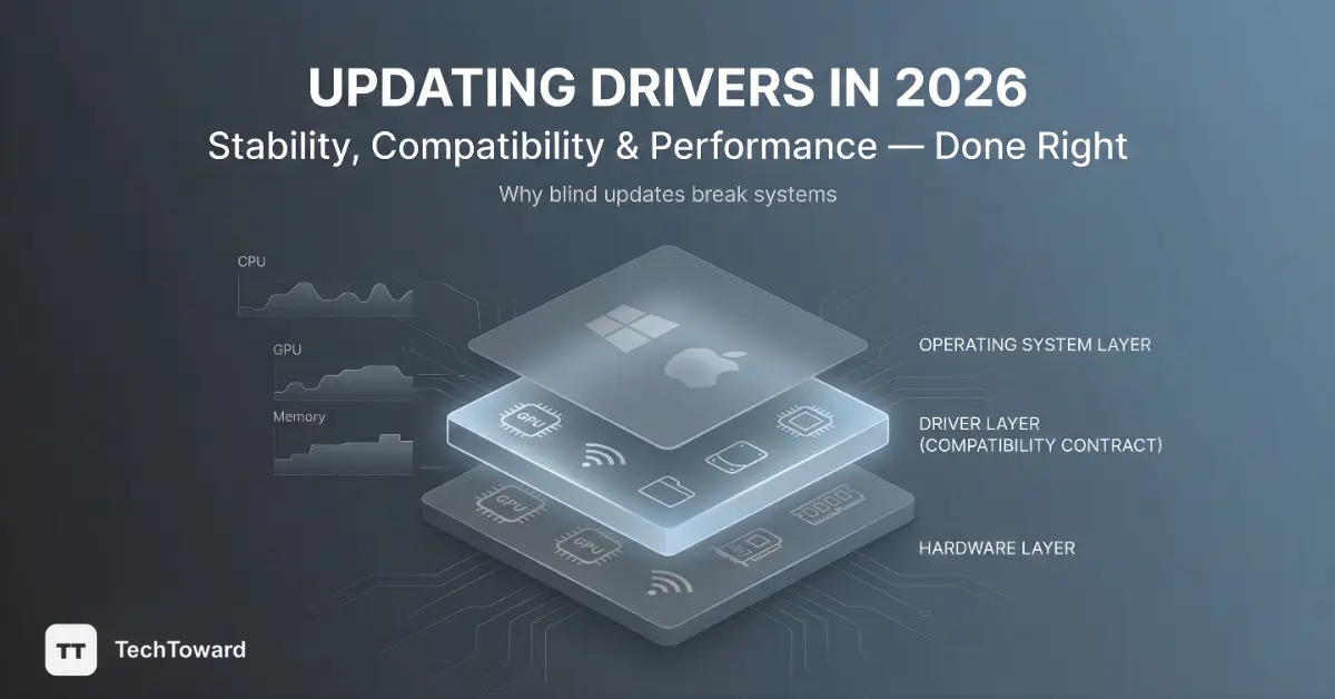 3D diagram showing the hierarchical relationship between the Operating System Layer, the Driver Layer (labeled as the Compatibility Contract), and the Hardware Layer.