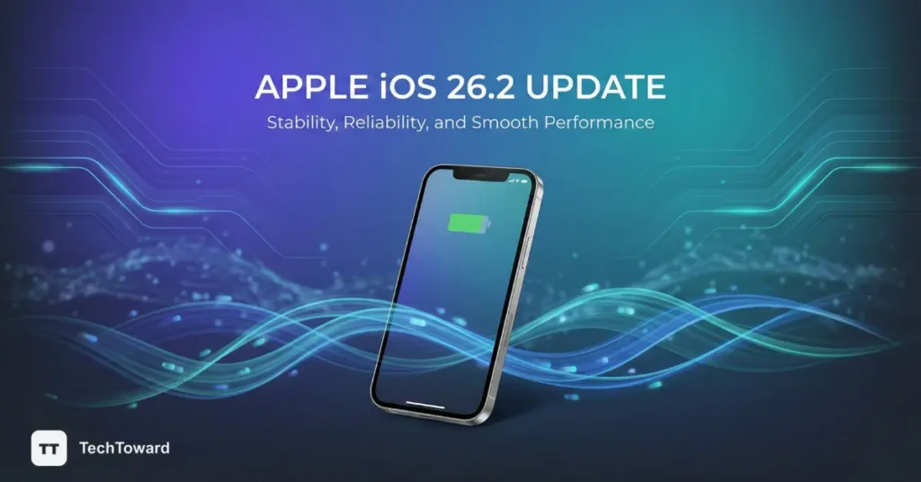 Promotional graphic for the Apple iOS 26.2 Update featuring a smartphone with a full battery icon against a stylized wave background.