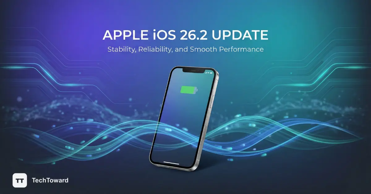 Promotional graphic for the Apple iOS 26.2 Update featuring a smartphone with a full battery icon against a stylized wave background.