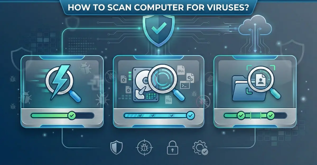 Illustration showing three types of computer virus scans: a quick lightning scan, a deep hard drive scan, and a specific folder scan.