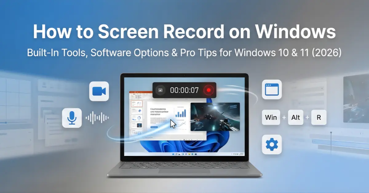 A laptop screen displaying a recording in progress with a timer (00:00:07), surrounded by floating icons for microphone, video, settings, and the $Win + Alt + R$ keyboard shortcut.